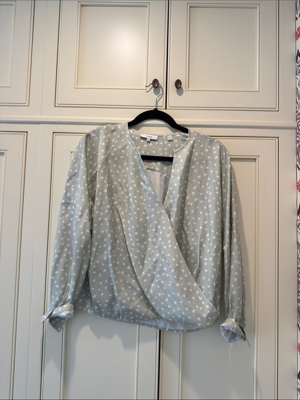Vince Light Sage Wrap Blouse with White Heart Print